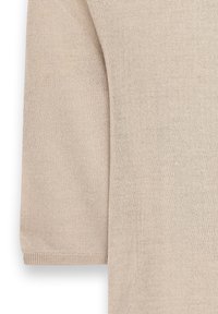 Beige knit sweater featuring a smooth texture, three-quarter sleeves, and ribbed edges at the cuffs and hem.
