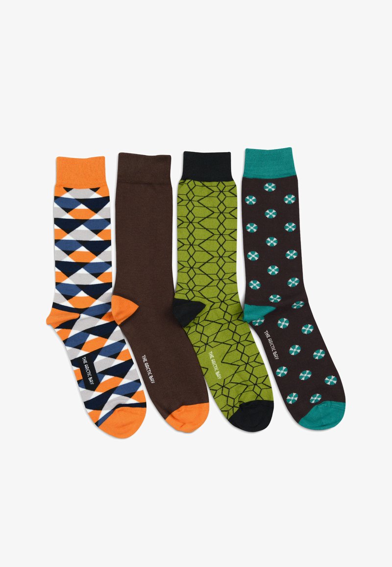 Štyri páry ponožiek: s vzormi v oranžovej, modrej a hnedej; matná tmavohnedá; geometrická zelená; hnedé s bodkami a tyrkysovými akcentmi.