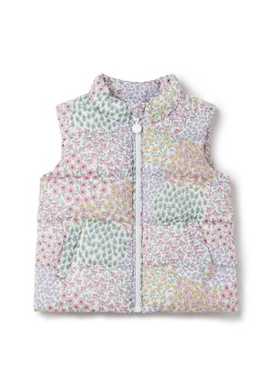 Veste sans manches matelassée avec fermeture éclair frontale, présentant un motif patchwork floral multicolore dans des tons pastel rose, vert, jaune et violet.