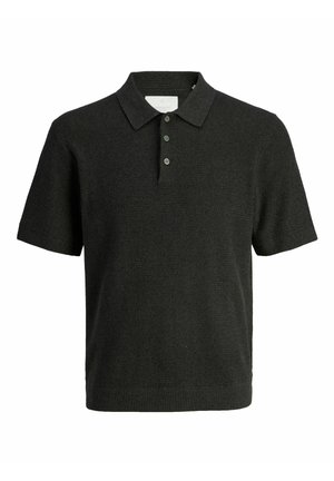 Schwarzes kurzärmeliges Strick-Poloshirt mit drei Knöpfen und einer strukturierten Stoffqualität, dargestellt vor weißem Hintergrund.