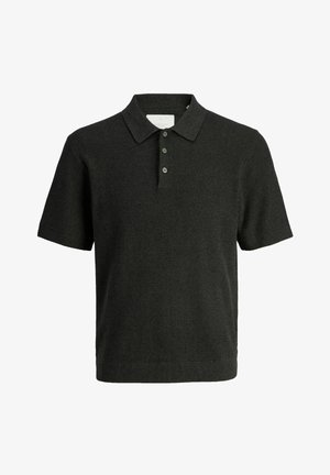 Polo noir à manches courtes en maille avec trois boutons et un tissu texturé, présenté sur un fond blanc uni.