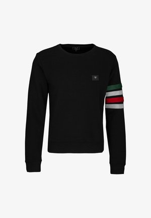 Zwarte trui met lange mouwen en ronde hals, met geribbelde manchetten en zoom. Op de linkermouw zitten groene, witte en rode strepen, en er is een klein logo op de borst.