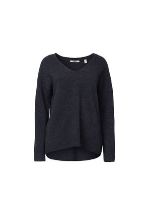 Mørkegrå v-neck sweater med lange ærmer, let asymmetrisk kant og blødt strikket stof.