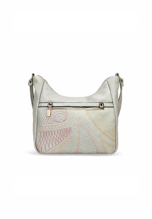 Bolso de hombro gris claro con patrones en relieve en colores pastel. Incluye un bolsillo frontal con cremallera y una correa de hombro ajustable.