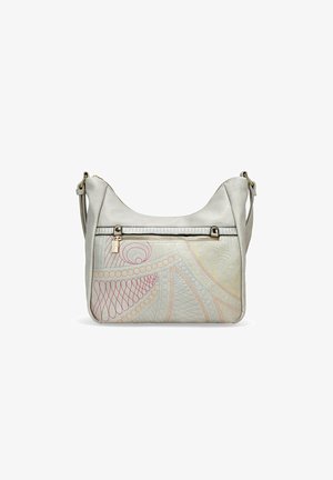 Bolso de hombro gris claro con patrones en relieve en colores pastel. Incluye un bolsillo frontal con cremallera y una correa de hombro ajustable.