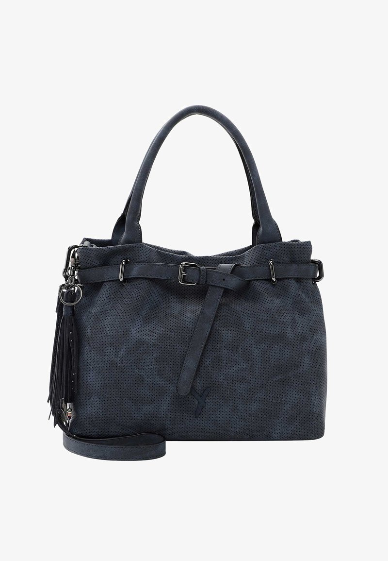 Sac à main texturé bleu foncé avec deux poignées, une ceinture décorative sur le dessus et un porte-clés à pompon attaché sur un côté.
