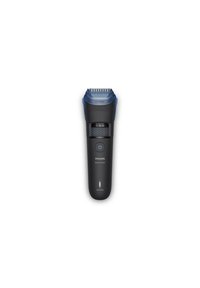 Rasoi per barba Philips con corpo in plastica nera, dettagli blu, pettine regolabile (0,4-10 mm), display LED e pulsante di accensione sulla parte anteriore.