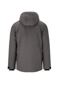 Grå vandtæt jakke med hætte, der har en glat tekstur, lange ærmer og justerbare manchetter. Bagsiden viser et minimalistisk design.
