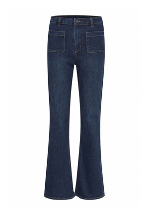 Mörkblå utsvängda jeans i denimtyg. Funktioner inkluderar två framfickor, två bakfickor och synlig sömnad i en ljusare nyans.