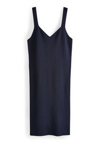 Robe bleu marine avec un col en V, fines bretelles et une silhouette ajustée. Confectionnée dans un tissu lisse avec un design minimaliste.