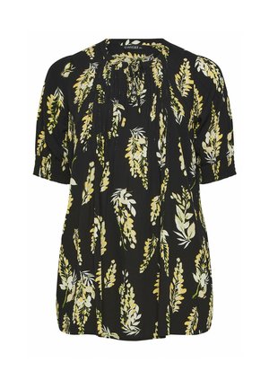 Schwarze Bluse mit kurzen Ärmeln und gelb-weißem Blumenmuster, rundem Ausschnitt mit Bindel detail und gerafften Ärmeln.