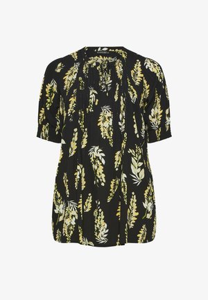 Blouse noire à manches courtes avec un motif floral jaune et blanc, col rond avec un détail noué et manches froncées.