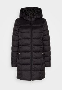 Černá péřová bunda s kapucí, má zapínání na zip, prošívanou texturu a boční kapsy se stříbrnými akcenty. Lehce se nosí a zahřeje.