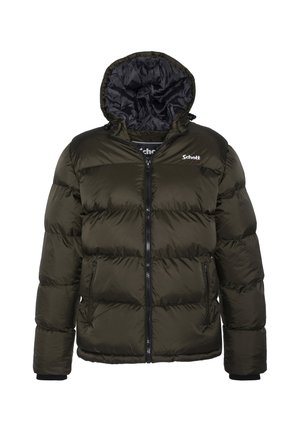Puffetjakke i mørkegrøn nylon med hætte, frontlynlås og sort for. Indgår elastiske manchetter og sidelommer. Brandlogo på skulderen.
