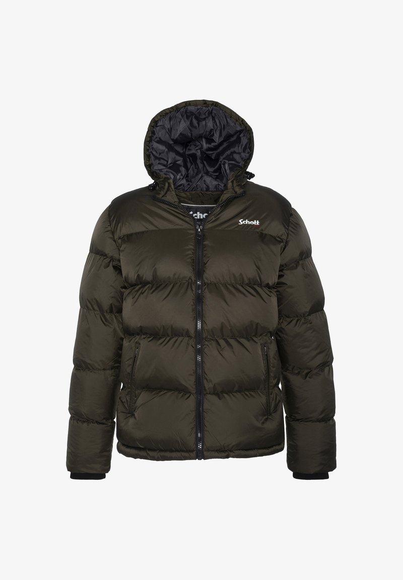 Giubbotto imbottito in nylon verde scuro con cappuccio, zip frontale e rivestimento nero. Presenta polsini elastici e tasche laterali. Logo del marchio sulla spalla.