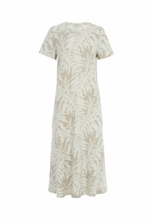 Beiges Midikleid mit kurzen Ärmeln, hellem tropischem Blattmuster und rundem Ausschnitt.