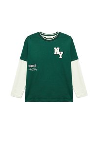 Zielona longsleeve z białymi rękawami. Posiada łatkę "NY", okrągły dekolt i nadruk graficzny. Wykonana z bawełny o gładkiej fakturze.