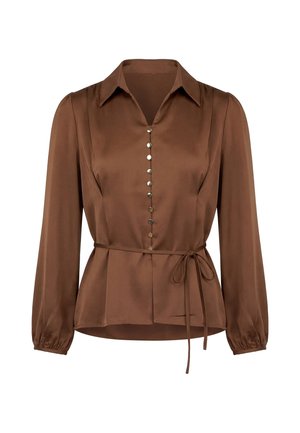 Brown long-sleeve blouse with collar, front button closure, and slim waist tie belt on plain white background.