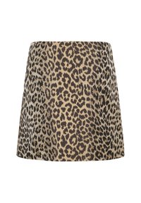 Falda de estampado de leopardo hecha de una tela suave, con forma acampanada y un brillo sutil. Predominantemente beige con manchas marrones oscuras.