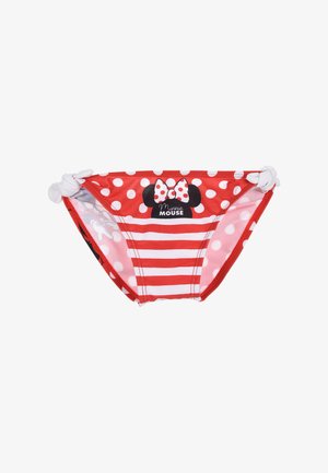 Red and pink swim bottom with white polka dots and striped pattern, featuring a Minnie Mouse design and knot detail on the sides.