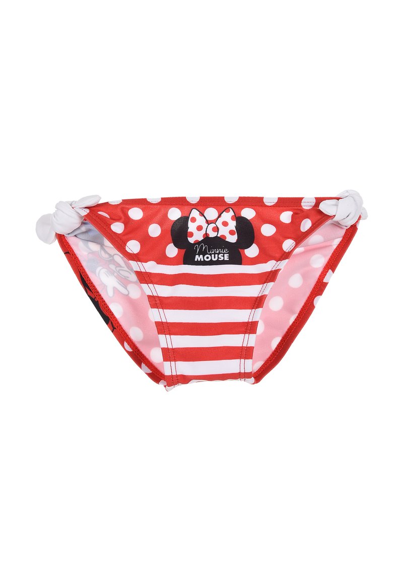 Rote und rosa Badeshorts mit weißen Punkten und gestreiftem Muster, featuring einem Minnie Mouse Design und Knoten-Details an den Seiten.