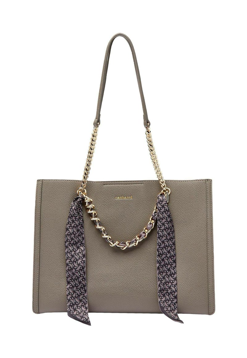 Borsa tote in pelle grigia con dettagli in catena e nastro. Presenta una finitura testurizzata e dettagli in oro. Forma semplice e strutturata con doppi manici.