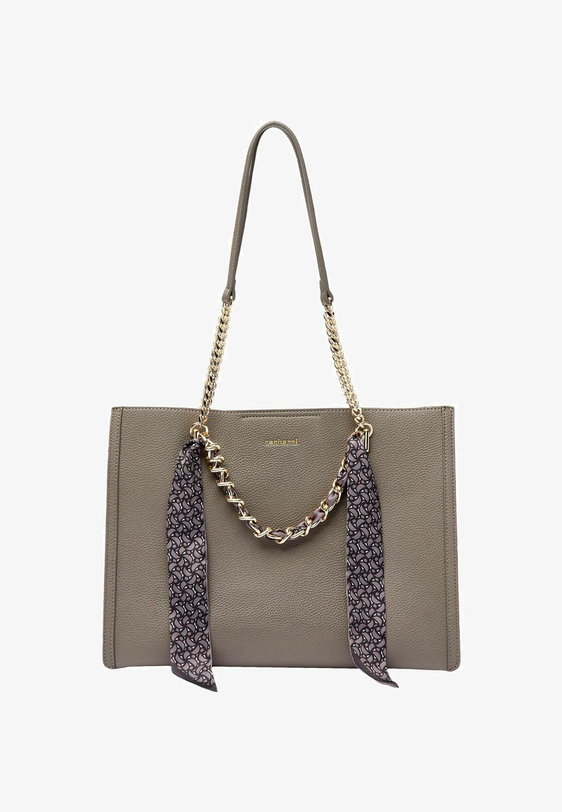 Borsa tote in pelle grigia con dettagli in catena e nastro. Presenta una finitura testurizzata e dettagli in oro. Forma semplice e strutturata con doppi manici.