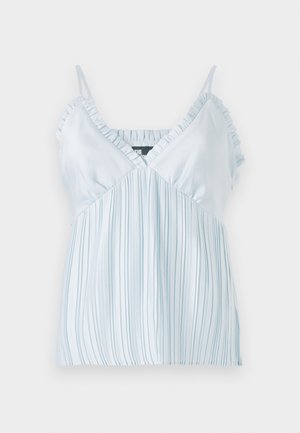 Svetlo modra, lahka majica z vertikalnimi črtami, z nabranimi naramnicami in V-izrezom. Gladka tekstura in sproščen kroj.