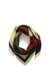 Écharpe en soie avec un motif géométrique comprenant des couleurs telles que beige, olive, rouille et bleu marine. Les bords sont soulignés d'une bordure noire contrastante.