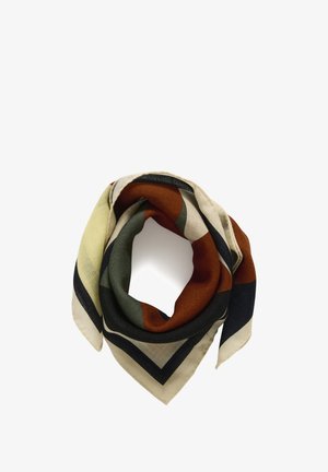 Svila šal s geometrijskim uzorkom u bojama koje uključuju bež, maslinastu, rđu i mornarsku plavu. Rubovi imaju kontrastnu crnu borduru.