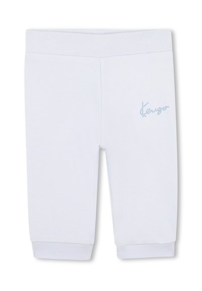 Białe legginsy z bawełny z domieszką elastanu, z żebrowanym pasem i mankietami. Zawierają jasnoniebieski wytłaczany detal z logo na lewym udzie.