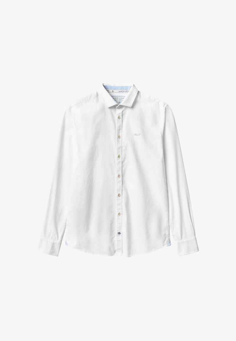 Camicia bianca a maniche lunghe in cotone con colletto button-down, dotata di bottoni in legno e spacchi laterali per facilitare i movimenti.
