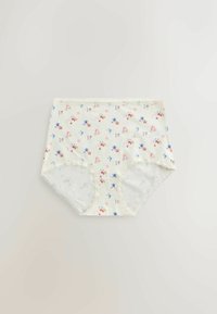 Culotte blanche taille haute pour femme avec petit imprimé floral et bordure en dentelle autour de la taille et des ouvertures des jambes.