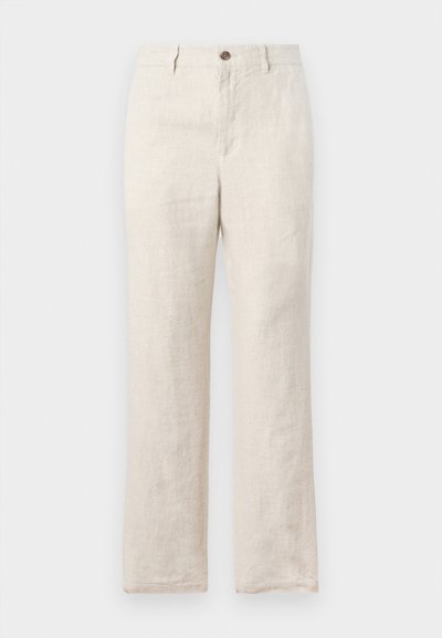 Linen pants in a light beige hue, featuring a straight-leg design, front pockets, and a single button closure at the waist.