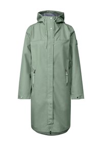 Parka imperméable vert clair avec capuche, cordons de serrage, deux poches latérales zippées, manches longues et design à coupe droite.