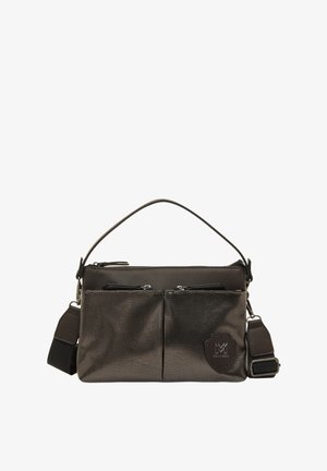 Sac crossbody en textile gris avec deux poches zippées à l'avant, une fermeture éclair en haut et une sangle ajustable. Présente un patch logo sur le côté.