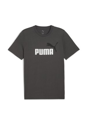 Mørkegrå bomulds t-shirt med et hvidt "PUMA" logo og en sort springende puma silhuet. Rund halsudskæring med korte ærmer.