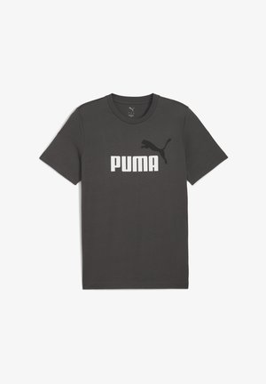 Tummanharmaa puuvillapaita, jossa on valkoinen "PUMA"-logo ja musta hyppäävän pumakuvio. Pyöreä kaula-aukko ja lyhyet hihat.