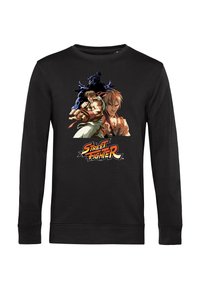 Felpa nera con una vivace stampa grafica di due personaggi di Street Fighter, con un logo audace e dettagli intricati.