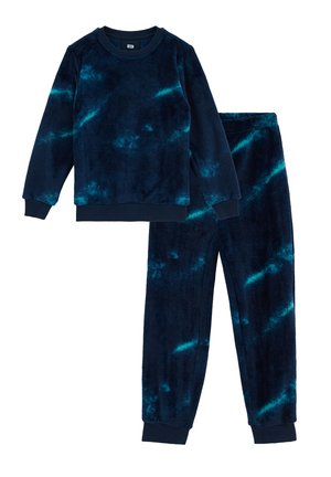 Navy blue plush fleece long-sleeve sweatshirt and matching pants with subtle lighter blue tie-dye pattern, ribbed cuffs, and waistband.