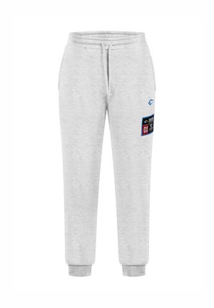Pantaloni sportivi grigi chiari realizzati in un morbido tessuto, con cintura elastica dotata di cordino, tasche laterali e una patch con logo sulla coscia.