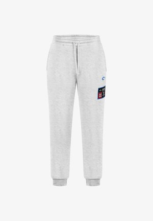 Hellgraue Sweatpants aus weichem Material, mit einem elastischen Bund und Kordelzug, seitlichen Taschen und einem Logopatch am Oberschenkel.