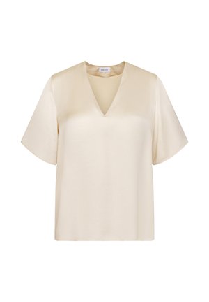 Kremowa bluzka z krótkim rękawem, dekoltem w kształcie litery V i gładkim, satynopodobnym materiałem, pokazana na białym tle.