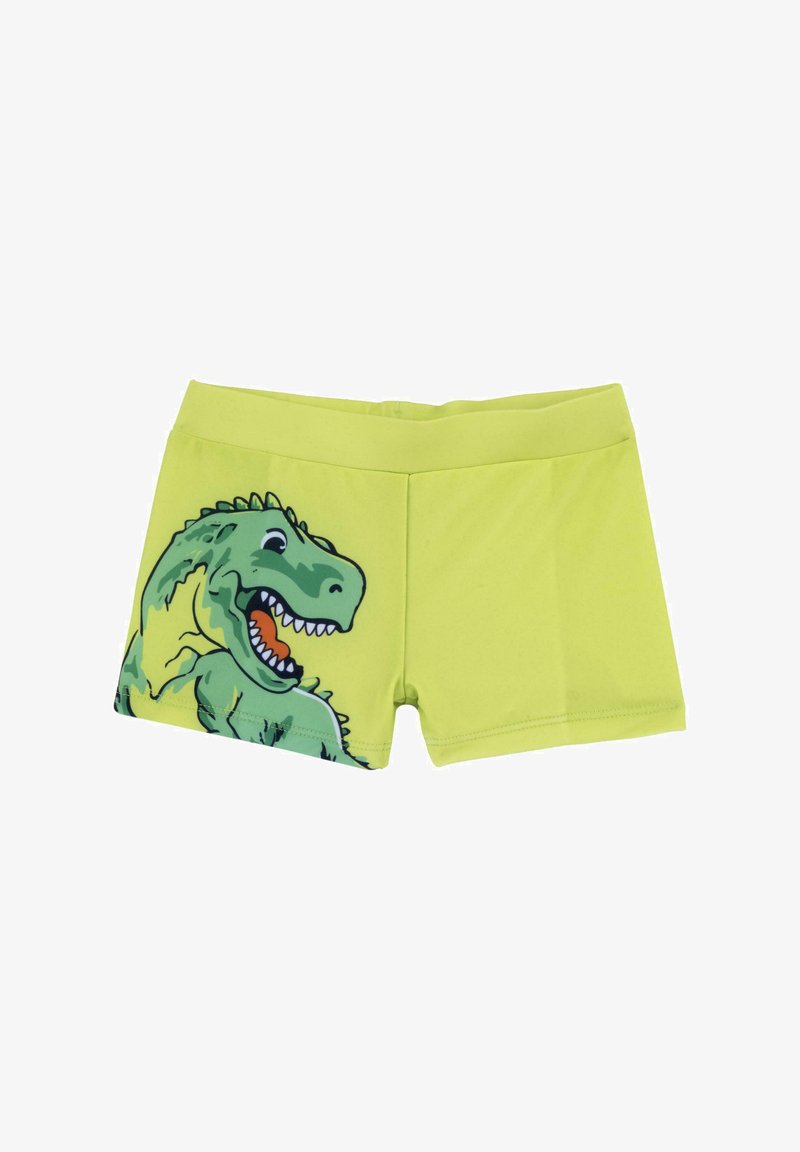 Shorts de bain en tissu extensible avec un imprimé dinosaure vert. Ils présentent une couleur lime vibrante avec un grand graphique de dinosaure amusant sur le côté.