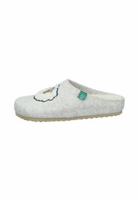 Gray felt slipper with a sheep design on the front, white fluffy accents, and a green logo tag; rubber sole with textured grip.