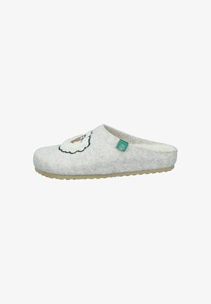 Gray felt slipper with a sheep design on the front, white fluffy accents, and a green logo tag; rubber sole with textured grip.