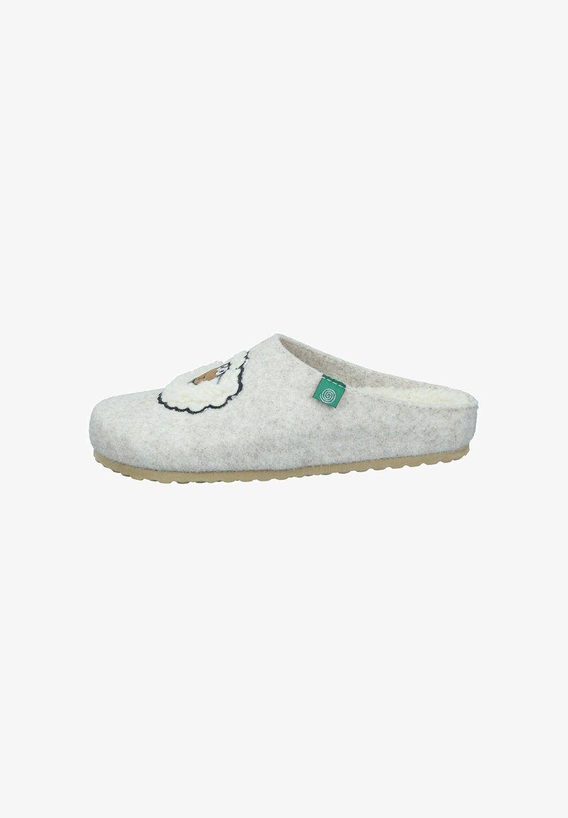 Gray felt slipper with a sheep design on the front, white fluffy accents, and a green logo tag; rubber sole with textured grip.