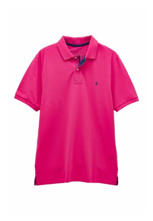 Helles pinkes Poloshirt mit kurzen Ärmeln, Knopfleiste am Kragen und kleinem marineblauem Tier-Logo auf der linken Brust.