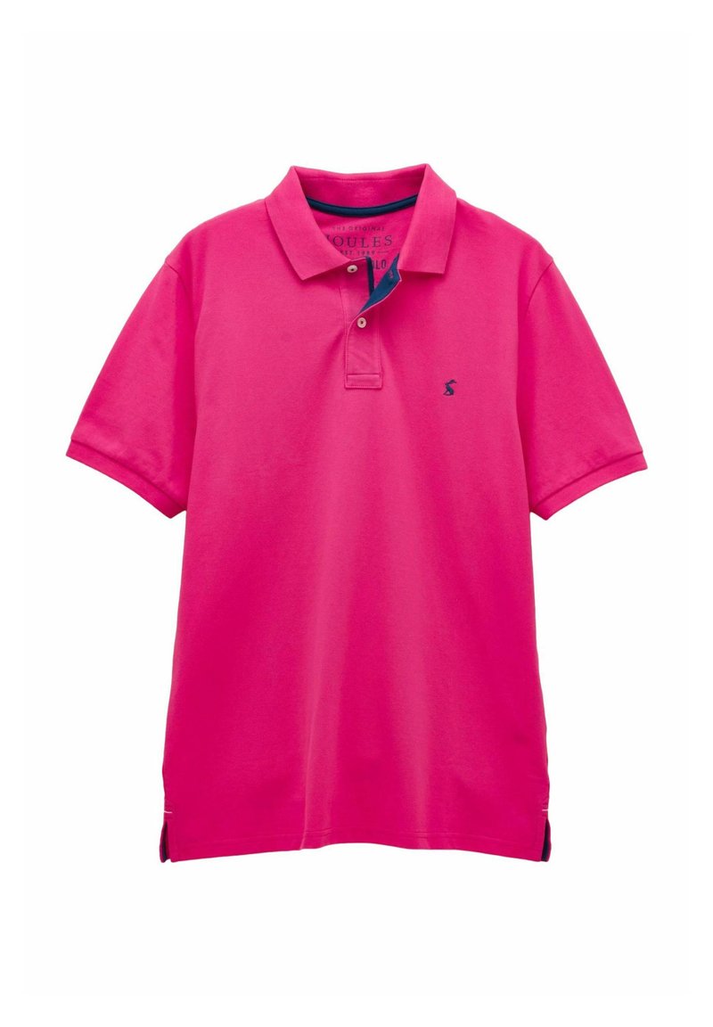 Erksavärviline roosakas lühikese varrukaga polosärk, millel on nööpidega krae ja vasakul rinnal väike tumesinine loomakujuline logo.