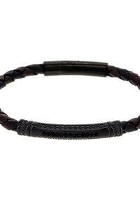 Braided leather bracelet in dark brown and black, featuring an engraved black metal clasp with decorative accents and a smooth finish.